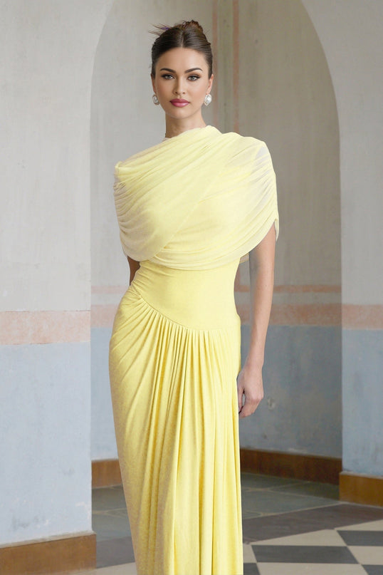 Teresa Yellow Mesh Maxi Dress Pleated Draped Crew Neck Sleeveless Shawl Elegant Chic Floor Length Special Occasions Polyamide Elastane