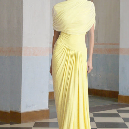 Teresa Yellow Mesh Maxi Dress Pleated Draped Crew Neck Sleeveless Shawl Elegant Chic Floor Length Special Occasions Polyamide Elastane