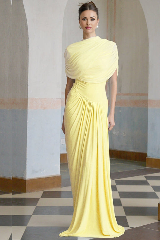 Teresa Yellow Mesh Maxi Dress Pleated Draped Crew Neck Sleeveless Shawl Elegant Chic Floor Length Special Occasions Polyamide Elastane