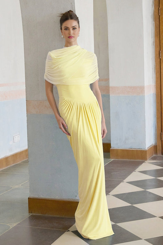 Teresa Yellow Mesh Maxi Dress Pleated Sleeveless Elegant Shawl