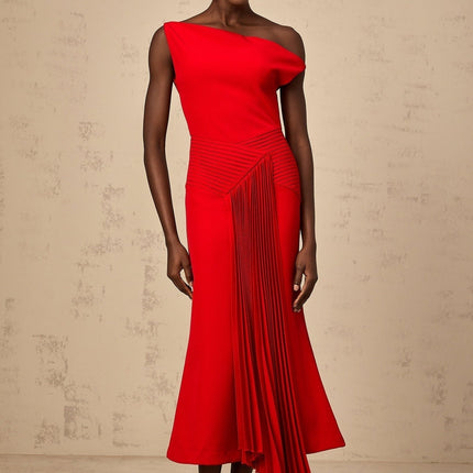 Teresina Red One-Shoulder Midi Dress Pleated Draped Elegant Sophisticated Glamorous Terylene Spandex
