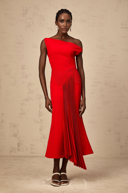 Teresina Red One-Shoulder Midi Dress Pleated Draped Elegant Sophisticated Glamorous Terylene Spandex