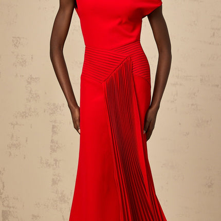 Teresina Red One-Shoulder Midi Dress with Pleated and Draped Design