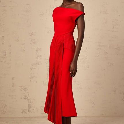 Teresina Red One-Shoulder Midi Dress with Pleated Design