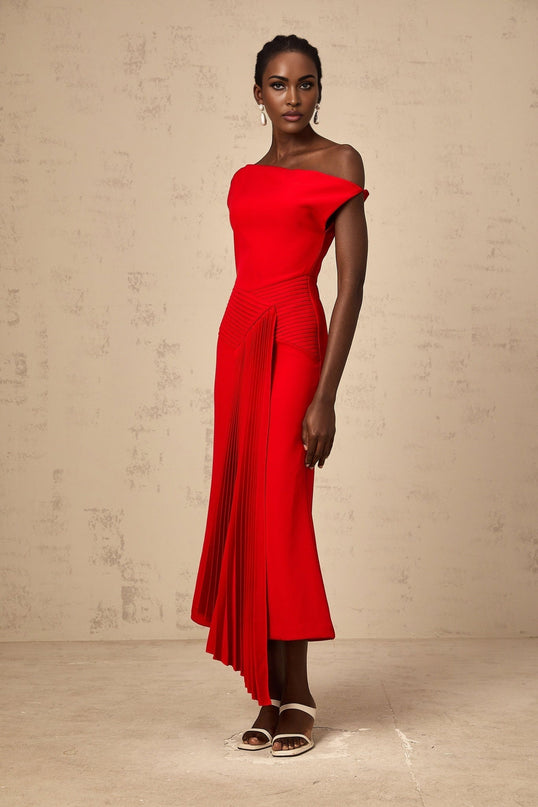 Teresina Red One-Shoulder Midi Dress with Pleated Design