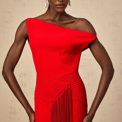 Teresina Red One-Shoulder Midi Dress with Pleated and Draped Design