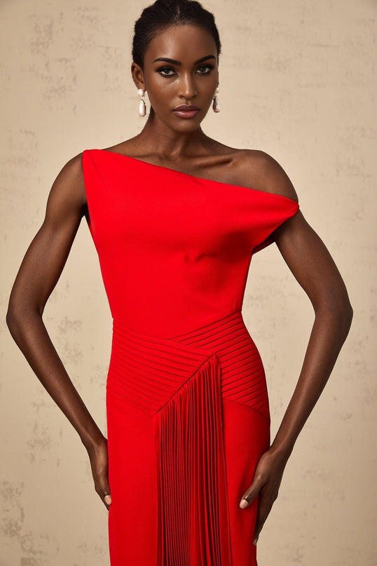 Teresina Red One-Shoulder Midi Dress with Pleated and Draped Design