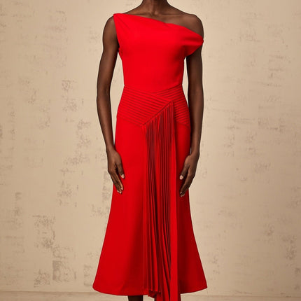 Teresina Red One-Shoulder Midi Dress with Draped Design