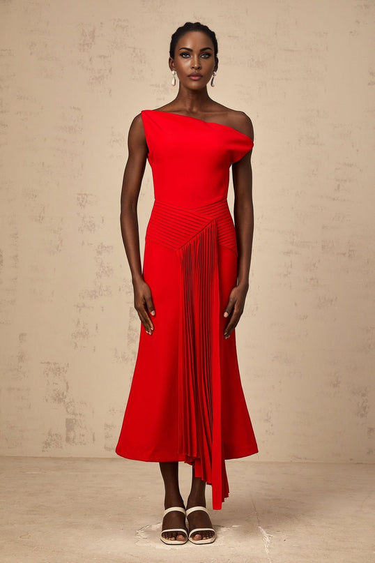 Teresina Red One-Shoulder Midi Dress with Draped Design