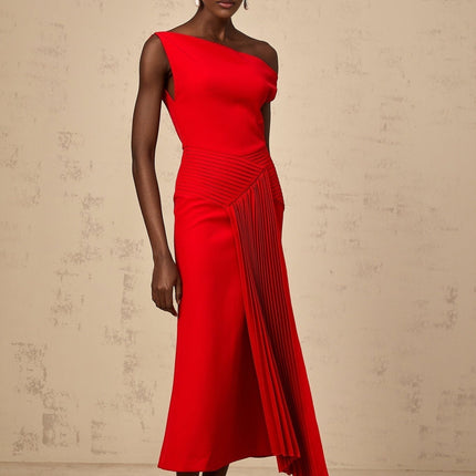 Teresina Red One Shoulder Midi Dress with Pleated Draping and Gathered Embellishments