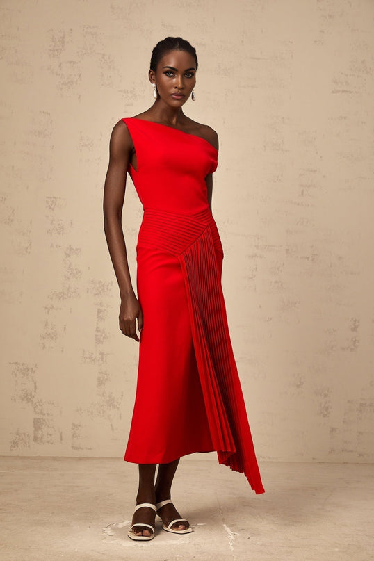 Teresina Red One Shoulder Midi Dress with Pleated Draping and Gathered Embellishments