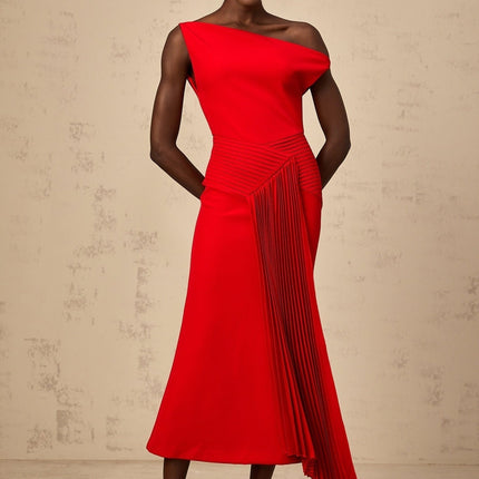 Teresina Red One-Shoulder Midi Dress with Draped Design and Embellishments