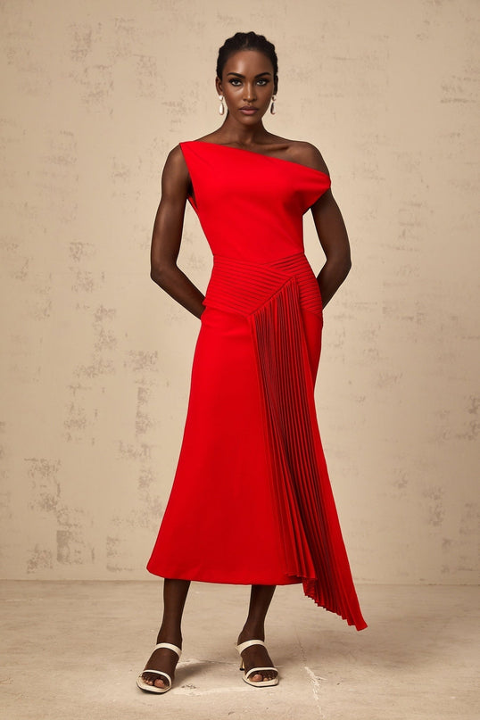 Teresina Red One-Shoulder Midi Dress with Draped Design and Embellishments