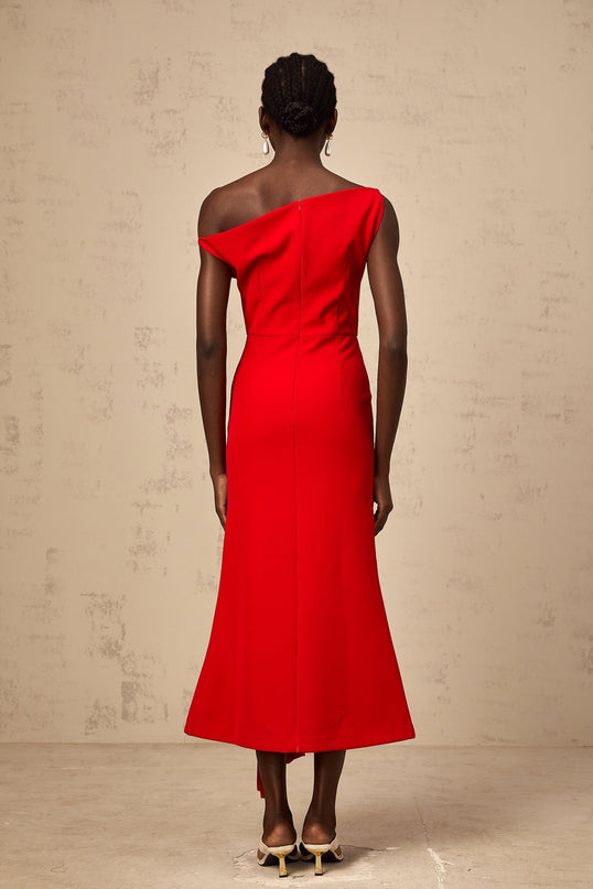 Teresina Red One-Shoulder Midi Dress