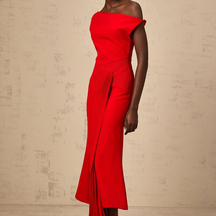 Teresina Red One-Shoulder Pleated Midi Dress