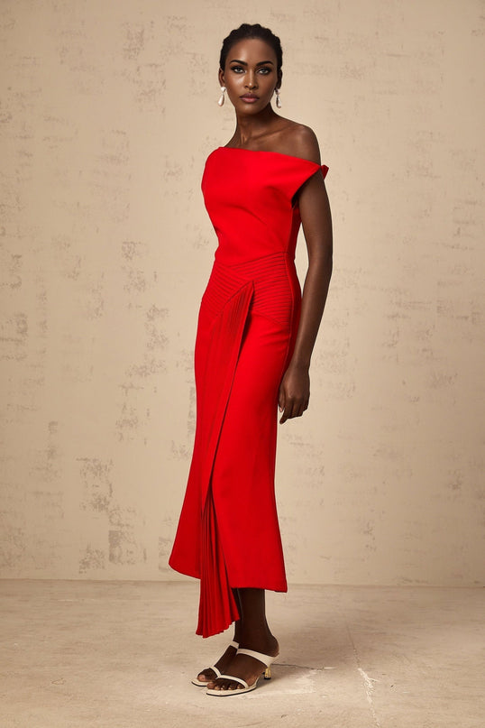 Teresina Red One-Shoulder Pleated Midi Dress