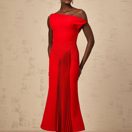 Teresina Red One-Shoulder Pleated Midi Dress