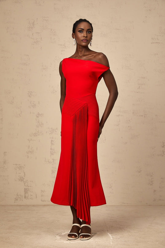 Teresina Red One-Shoulder Pleated Midi Dress