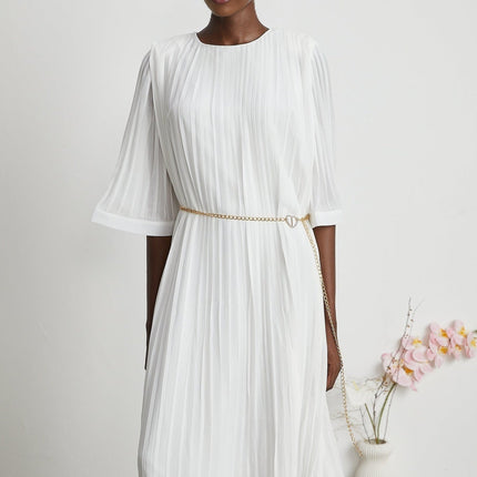 Teresina White Flared Sleeves Pleated A-Line Midi Dress