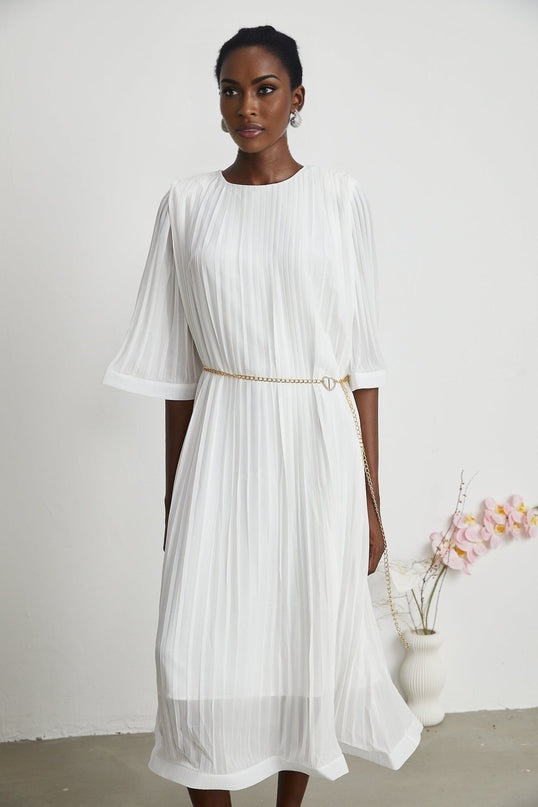 Teresina White Flared Sleeves Pleated A-Line Midi Dress