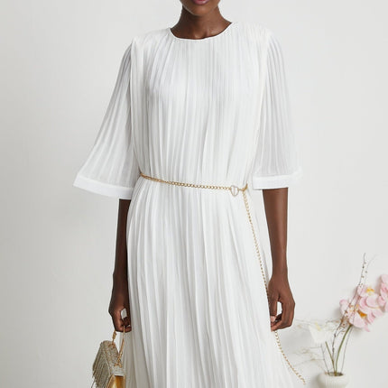 Teresina White Midi Dress with Flared Sleeves and Pleated A-line Hem
