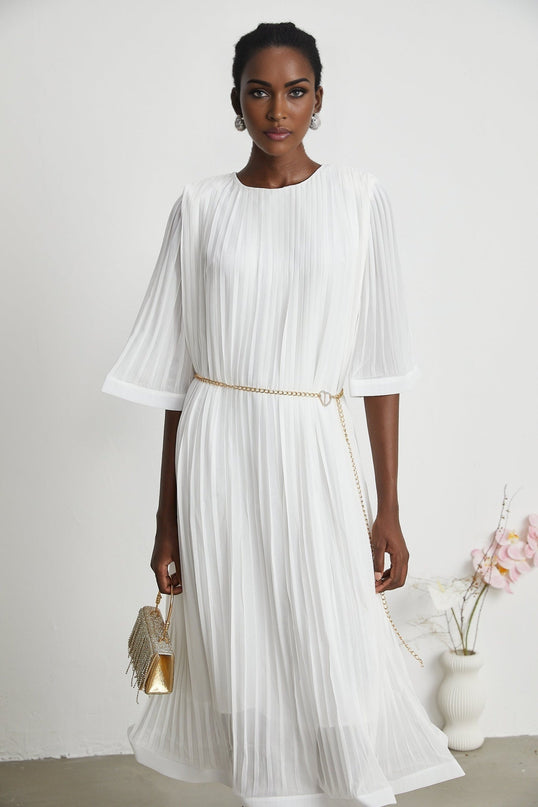 Teresina White Midi Dress with Flared Sleeves and Pleated A-line Hem