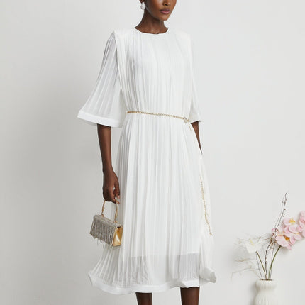 Teresina White Midi Dress Flared Sleeves Pleated A-Line Hem Belt Crew Neck Rear Zip Fastening