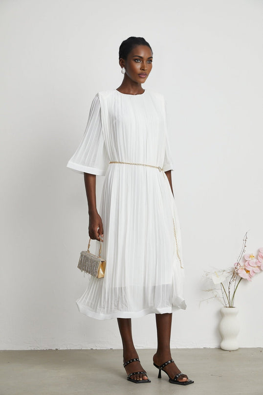 Teresina White Midi Dress Flared Sleeves Pleated A-Line Hem Belt Crew Neck Rear Zip Fastening