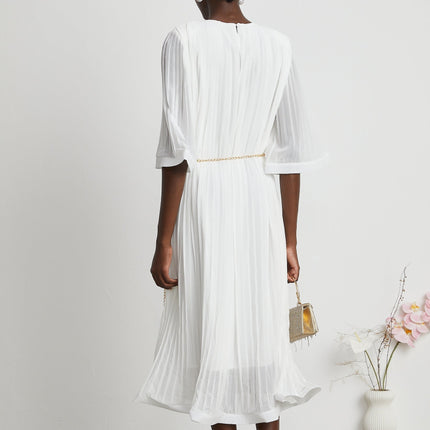 Teresina White Midi Dress with Flared Sleeves and Pleated A-line Hem