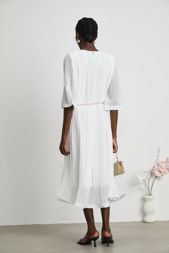 Teresina White Midi Dress with Flared Sleeves and Pleated A-line Hem