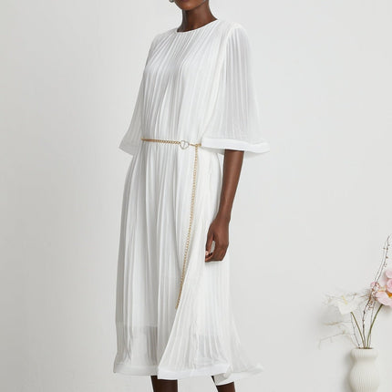Teresina White Midi Dress Flared Sleeves Pleated A-line Hem Belt Crew Neck Rear Zip Fastening
