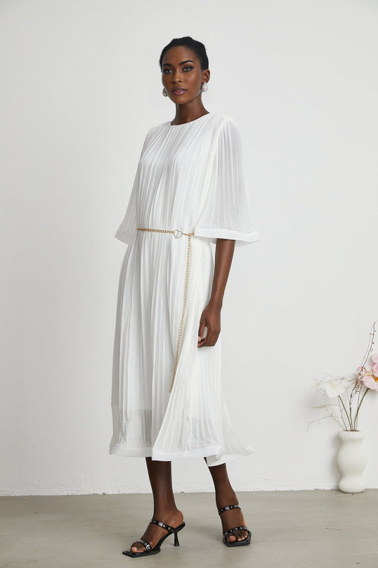 Teresina White Midi Dress Flared Sleeves Pleated A-line Hem Belt Crew Neck Rear Zip Fastening