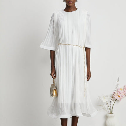 Teresina White Midi Dress with Flared Sleeves and Pleated A-Line Hem