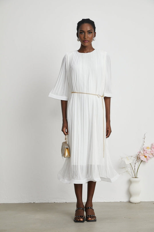 Teresina White Midi Dress with Flared Sleeves and Pleated A-Line Hem