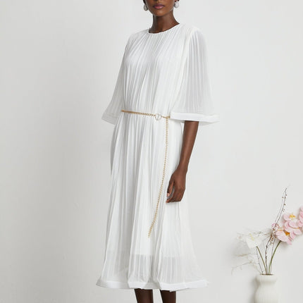 Teresina White Midi Dress with Flared Sleeves and Pleated A-line Hem