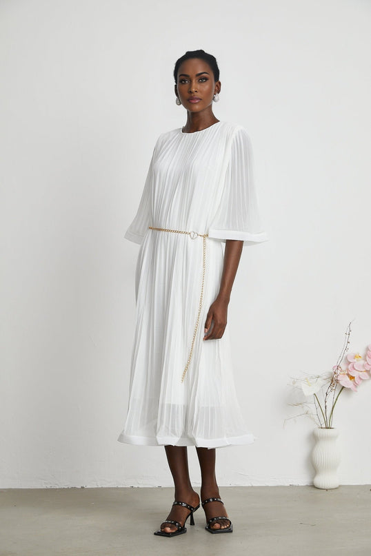 Teresina White Midi Dress with Flared Sleeves and Pleated A-line Hem