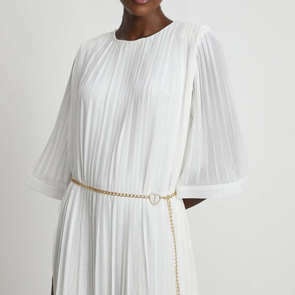 Teresina White Midi Dress with Flared Sleeves and Pleated A-Line Hem