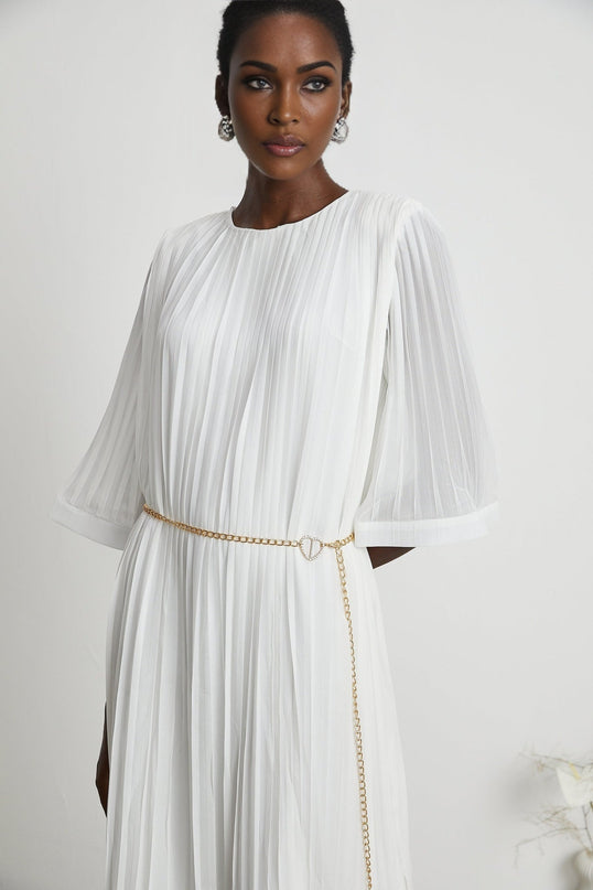 Teresina White Midi Dress with Flared Sleeves and Pleated A-Line Hem