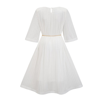 Teresina White Midi Dress Flared Sleeves Pleated A-line Hem Belt Cinches Waist Crew Neck Rear Zip Fastening