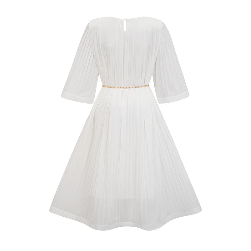 Teresina White Midi Dress Flared Sleeves Pleated A-line Hem Belt Cinches Waist Crew Neck Rear Zip Fastening