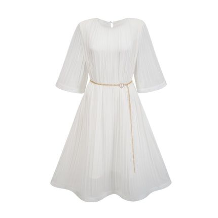 Teresina White Midi Dress with Flared Sleeves and Pleated A-Line Hem
