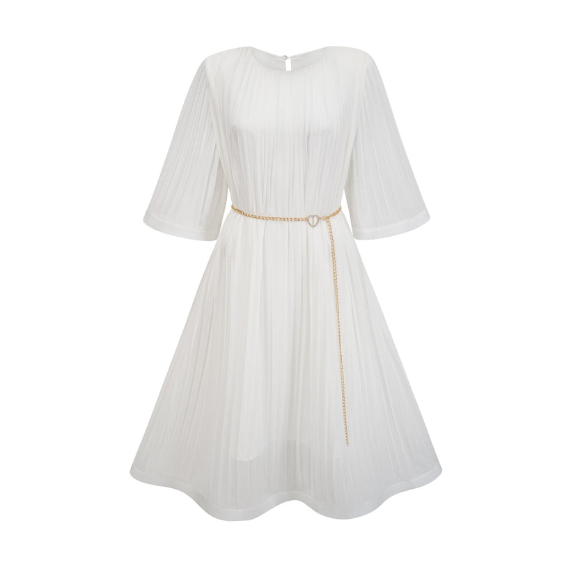 Teresina White Midi Dress with Flared Sleeves and Pleated A-Line Hem