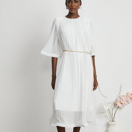Teresina White Midi Dress with Flared Sleeves and Pleated A-Line Hem