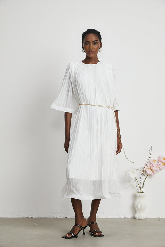 Teresina White Midi Dress with Flared Sleeves and Pleated A-Line Hem