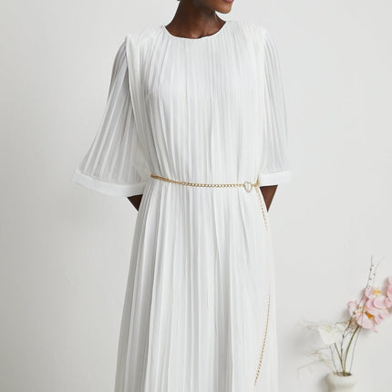 Teresina White Midi Dress with Flared Sleeves and Pleated A-Line Hem