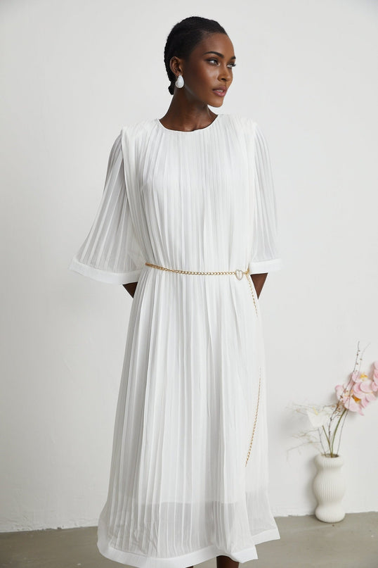 Teresina White Midi Dress with Flared Sleeves and Pleated A-Line Hem