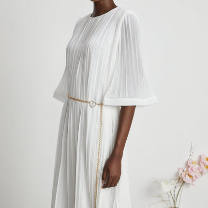 Teresina White Midi Dress with Flared Sleeves and Pleated A-Line Hem