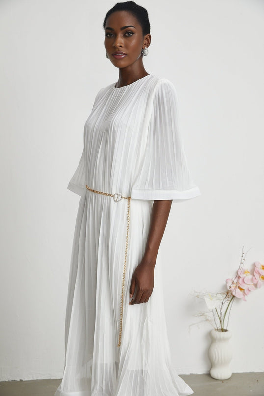 Teresina White Midi Dress with Flared Sleeves and Pleated A-Line Hem