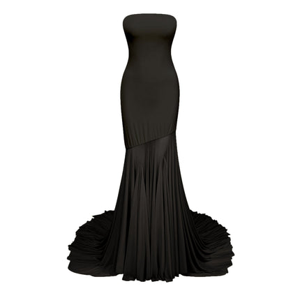 Tessa Black Maxi Dress with Tulle Overlay and Pleats in Semi-Sheer Stretch Fabric