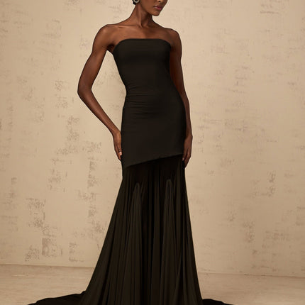 Tessa Black Maxi Dress with Tulle Overlay and Pleats in Stretch Fabric